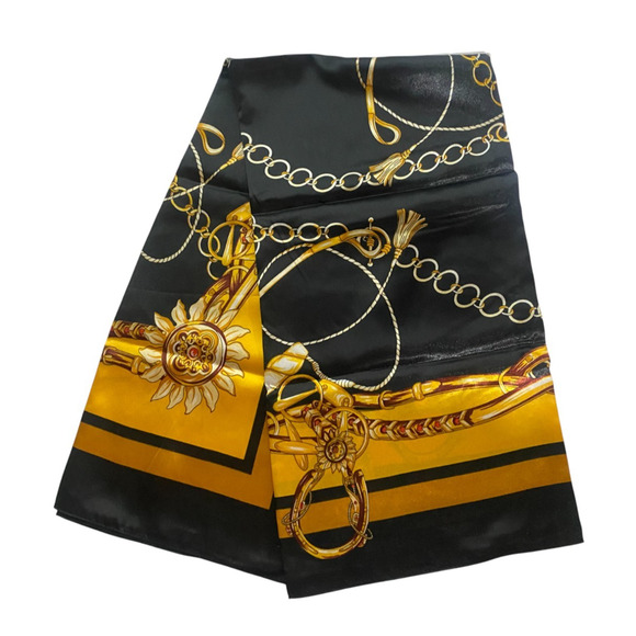 Equestrian Horse Riding Designed Motif Scarf Black and Gold 35 x 35 NEW - Picture 1 of 9